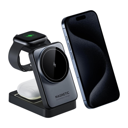 3-in-1 Magnetic Wireless Charging Station for iPhone 17/16/15/14/13, Apple Watch & AirPods, Foldable Travel Charger with Night Light, MagSafe Compatible