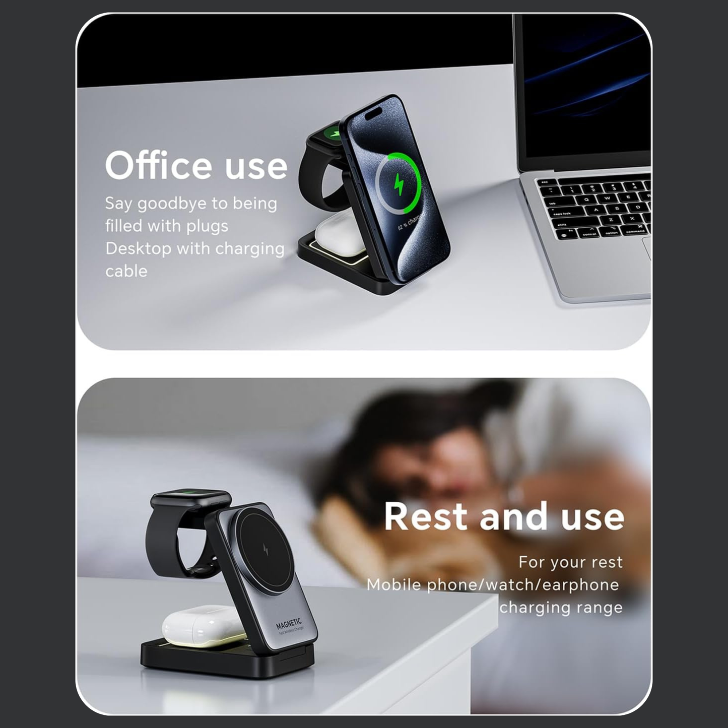 3-in-1 Magnetic Wireless Charging Station for iPhone 17/16/15/14/13, Apple Watch & AirPods, Foldable Travel Charger with Night Light, MagSafe Compatible