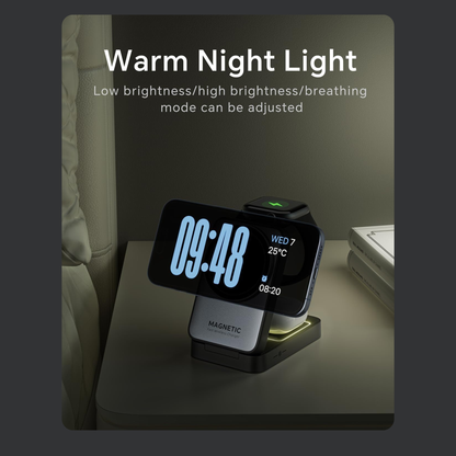 3-in-1 Magnetic Wireless Charging Station for iPhone 17/16/15/14/13, Apple Watch & AirPods, Foldable Travel Charger with Night Light, MagSafe Compatible