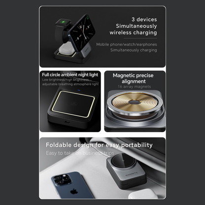 3-in-1 Magnetic Wireless Charging Station for iPhone 17/16/15/14/13, Apple Watch & AirPods, Foldable Travel Charger with Night Light, MagSafe Compatible