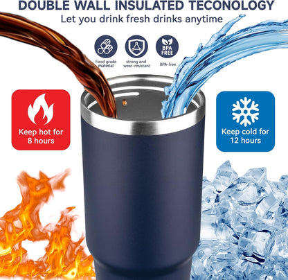 30Oz Tumbler with Handle and Flip Straw Lid Double Wall Insulated Travel Coffee Mug Stainless Steel Vacuum Insulated Coffee Tumbler Cup for Hot and Cold Beverages,Leak-Proof&Bpa-Free (30Oz,Navy Blue)