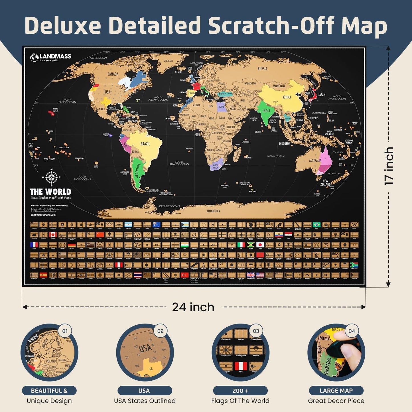 Deluxe Scratch-Off World Map – Travel Tracker Poster with Flags, 17×24 Inches
