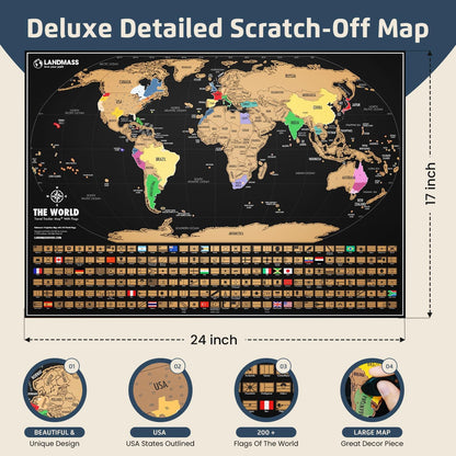 Deluxe Scratch-Off World Map – Travel Tracker Poster with Flags, 17×24 Inches