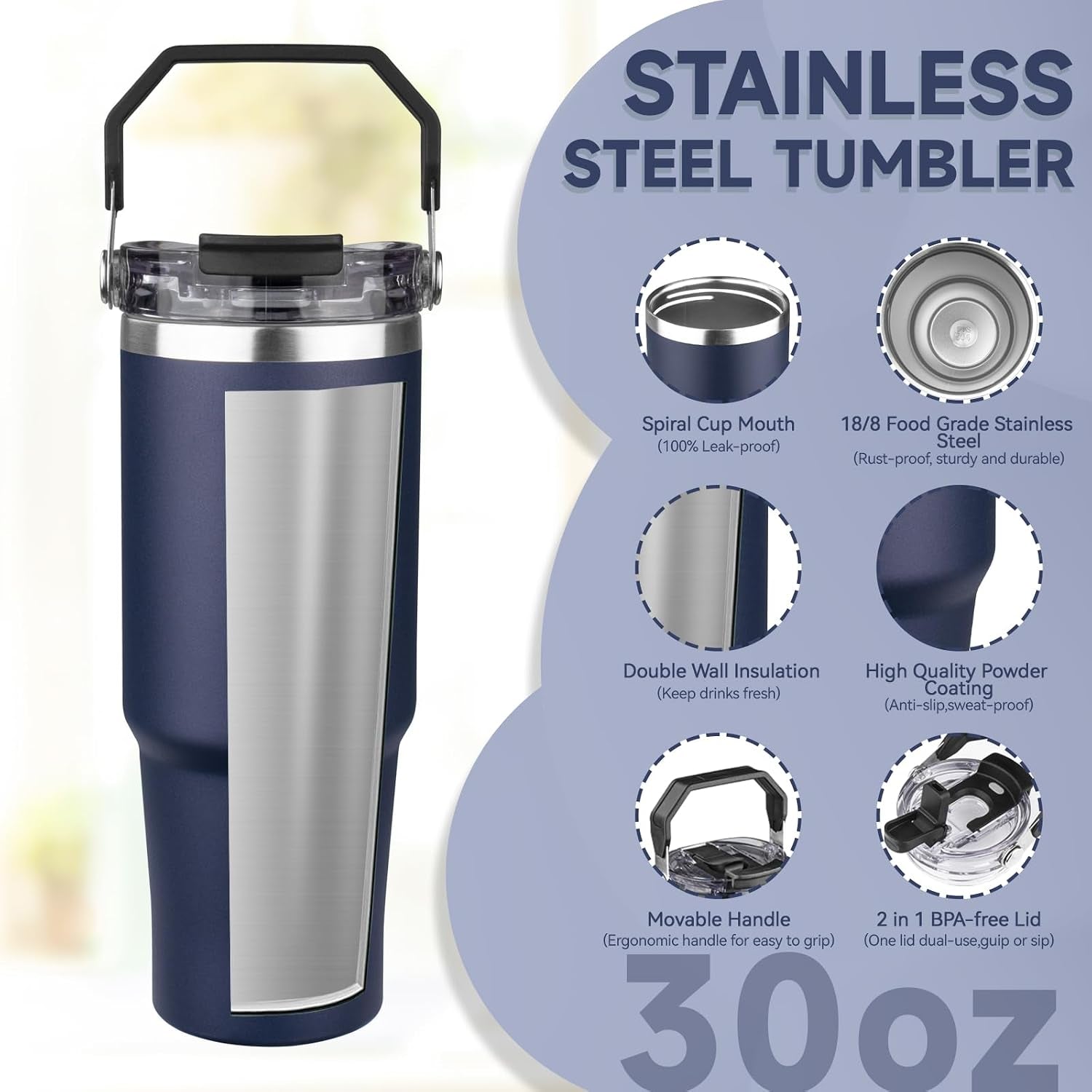 30Oz Tumbler with Handle and Flip Straw Lid Double Wall Insulated Travel Coffee Mug Stainless Steel Vacuum Insulated Coffee Tumbler Cup for Hot and Cold Beverages,Leak-Proof&Bpa-Free (30Oz,Navy Blue)
